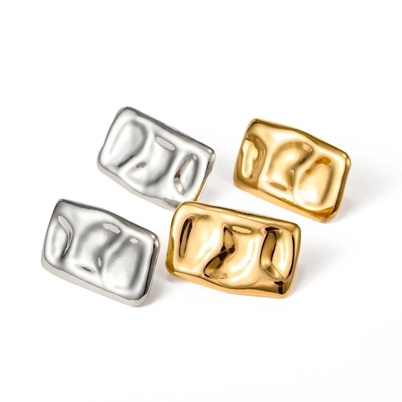 18K Gold Plated Irregular Rugged Big Square Earrings - Picture 5 of 7